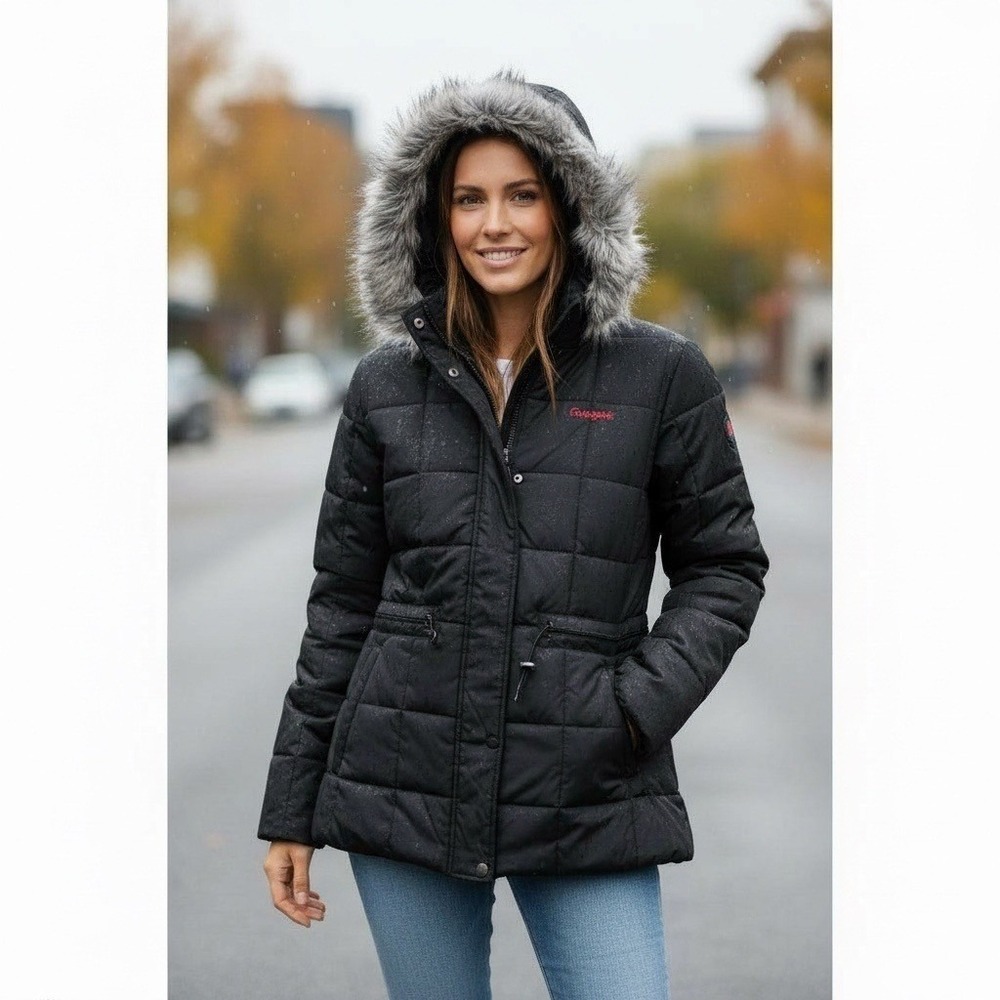 Vintage Southpole Black Puffer Jacket with Faux Fur Hood Size M Y2K NEW